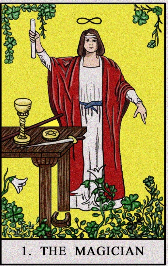 The Magician standing before a table with his arm in the air