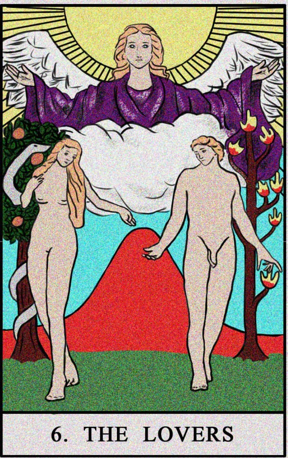 The Lovers standing naked before a watchful spirit