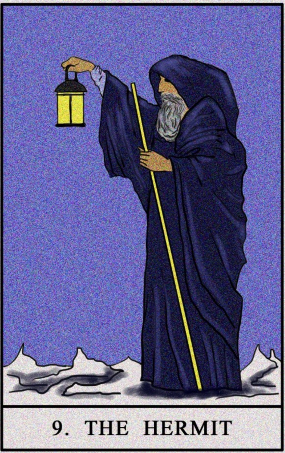 The Hermit standing with a staff in one hand and a lantern in the other