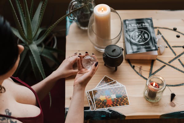 Tarot cards laid out on table