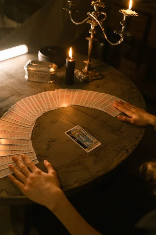 Tarot cards laid out on table